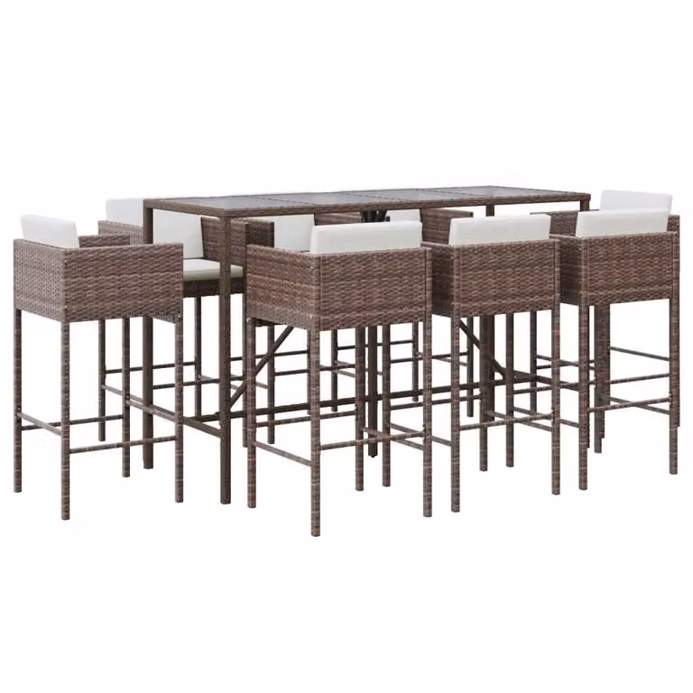 Set Bar da Giardino 9 pz con Cuscini in Polyrattan Marrone