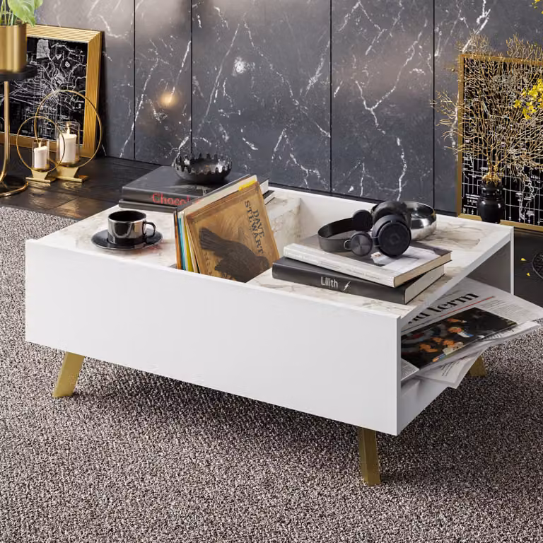 Skye Decor, tavolino moderno con gambe in metallo, 90 x 63 x 34 cm | Realizzato in pannello di particelle rivestito in melamina al 100%, spessore 18 mm | Colore bianco, numerosi ripiani, montabile a parete, design elegante effetto marmo.