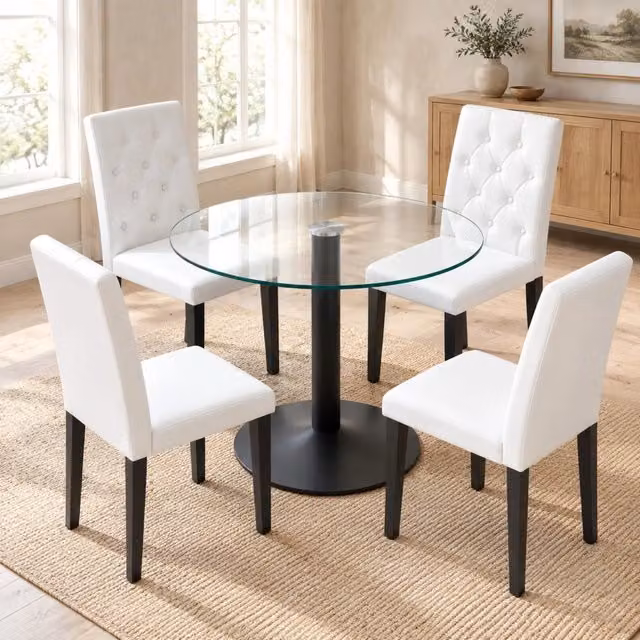 Set da Pranzo con Tavolo Rotondo in Vetro 85 cm e 4 Sedie in PU Bianco con Schienale Trapuntato