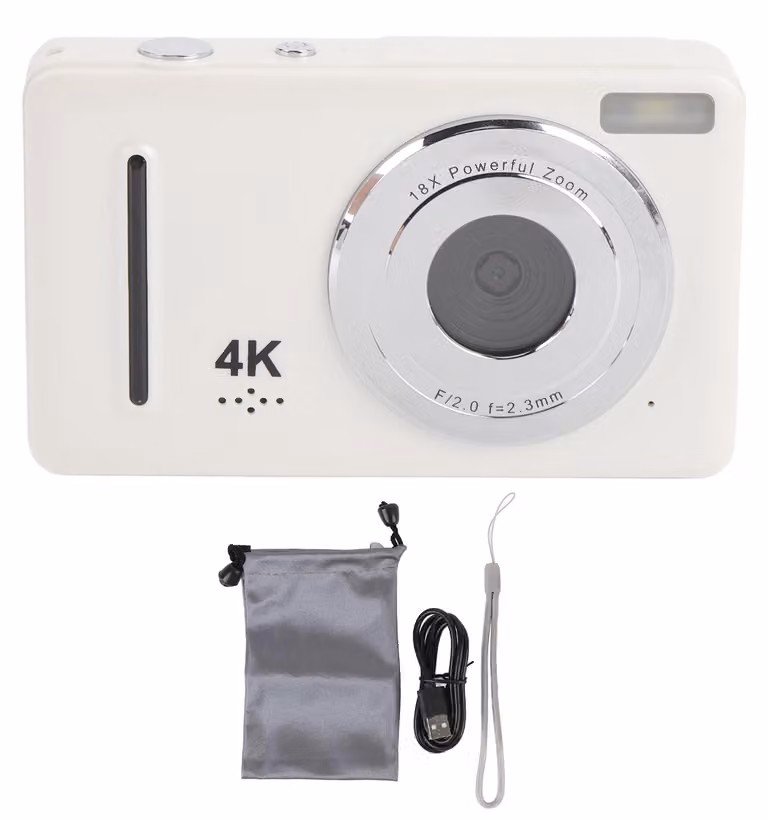 Fotocamera digitale 4K da 64 MP con schermo da 2,4 pollici e zoom ottico 18x; videocamera da viaggio compatta e portatile per principianti, colore bianco