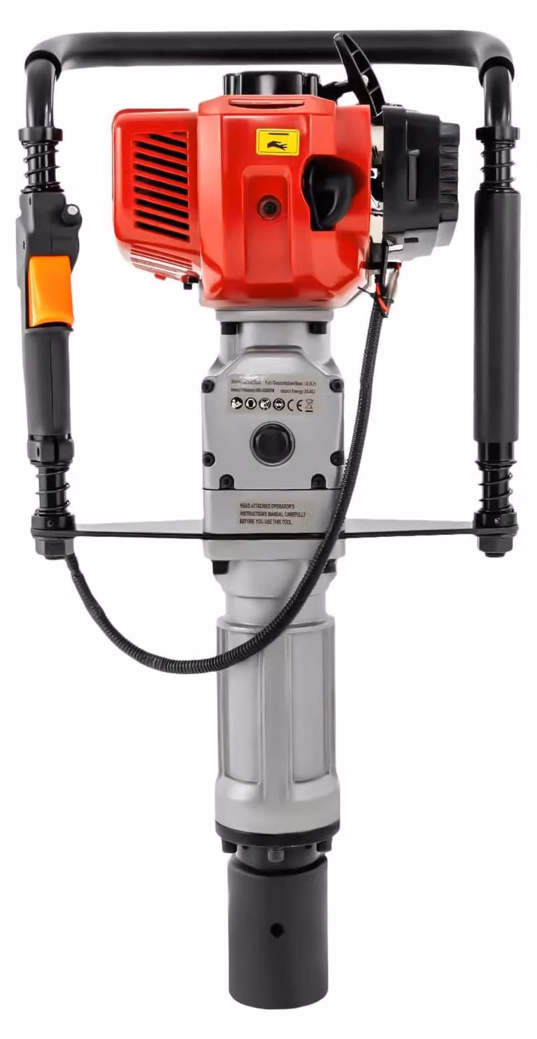 Martello compattatore a benzina - 52cc - Motore a 2 tempi da 1900W - Energia d'impatto da 25 a 45 Joule - 800-2800 colpi/min - Adattatore da 55/70 mm - Colore: rosso