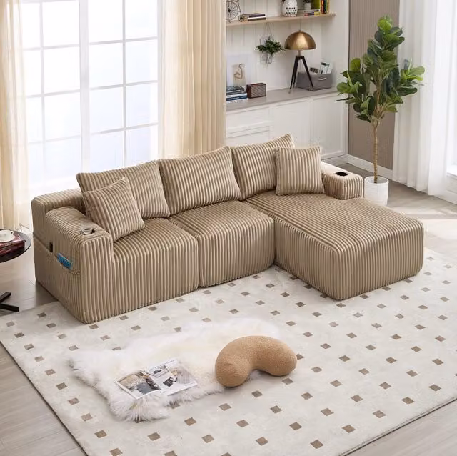 Divano modulare con chaise longue, 2 posti e 5 cuscini
