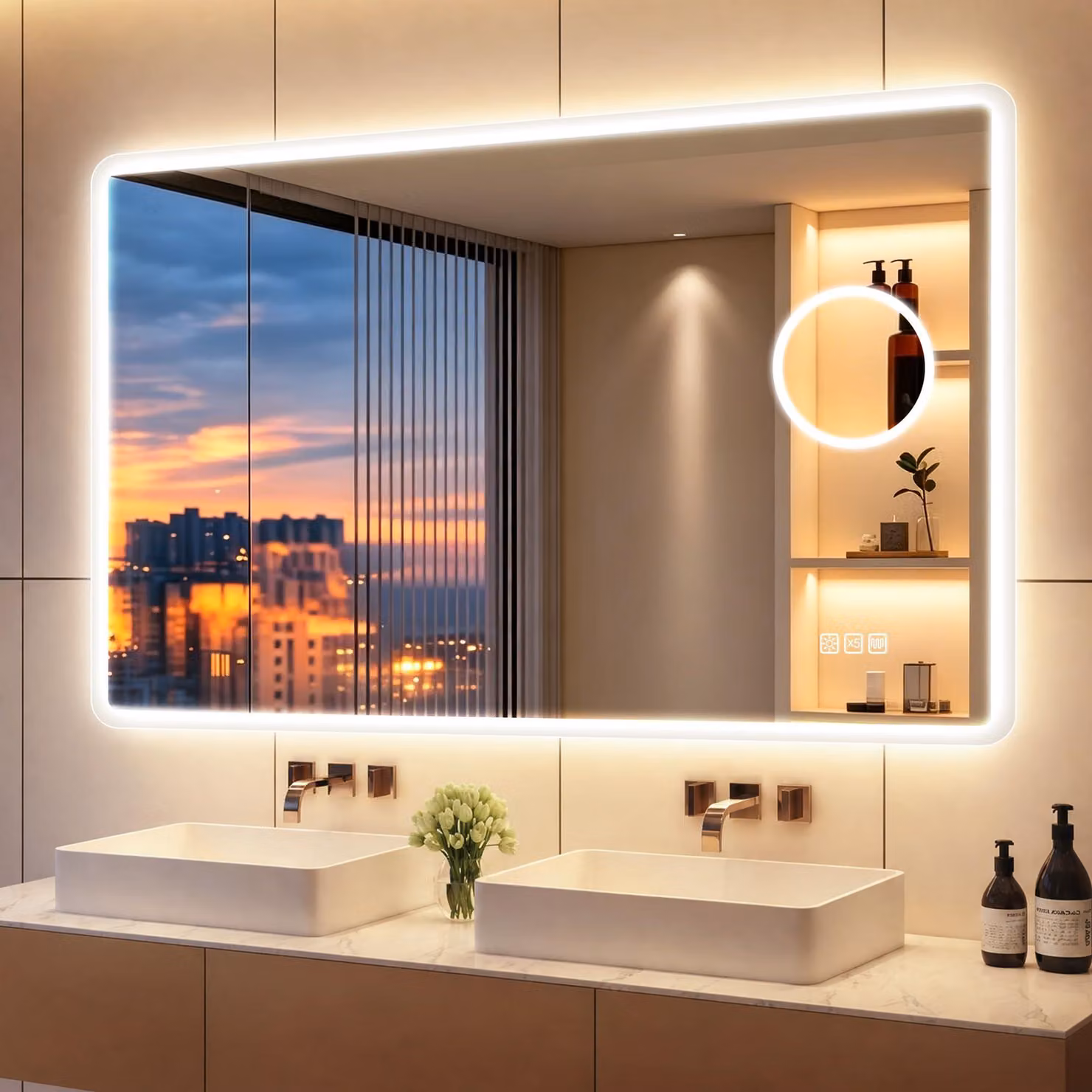 Specchio da bagno a LED, dimensioni 100x70 cm, ingrandimento 5x, con funzione di regolazione dell'intensità luminosa
