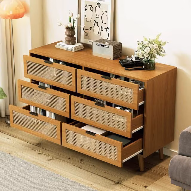 Comò REDOM con 6 cassetti in noce effetto rattan L: 120 cm, P: 40 cm, H: 76,5 cm