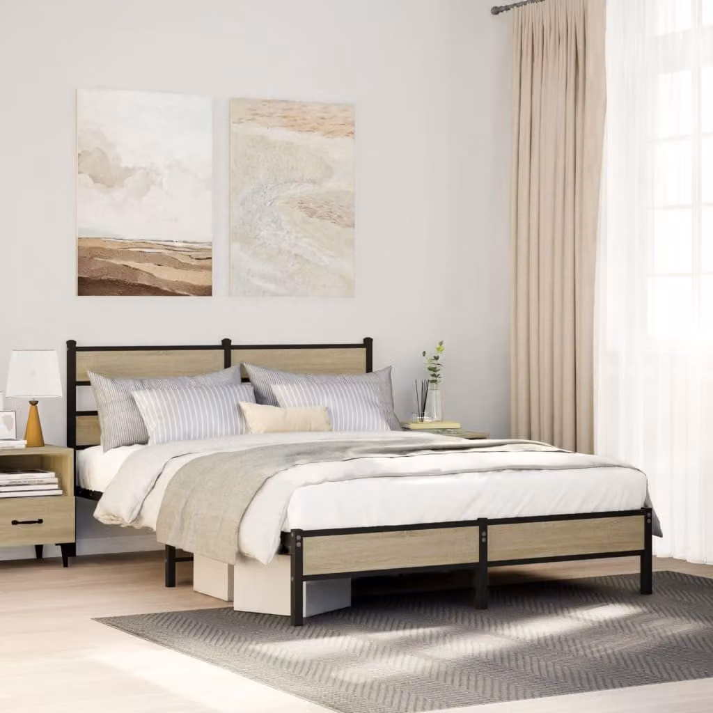vidaXL Giroletto senza Materasso in Rovere Sonoma e Metallo L/P/H: 207 x 150 x 91,5 cm