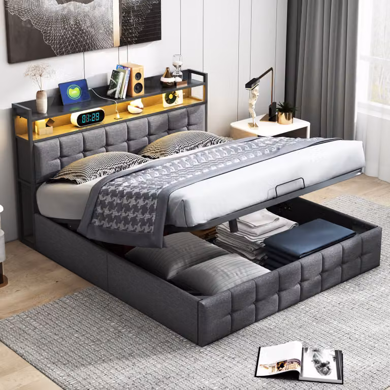Letto imbottito 140x200cm con USB/Tipo-c e rete a doghe, letto a molle idrauliche con contenitore, letto matrimoniale per ragazzi con Led, letto contenitore, biancheria, grigio