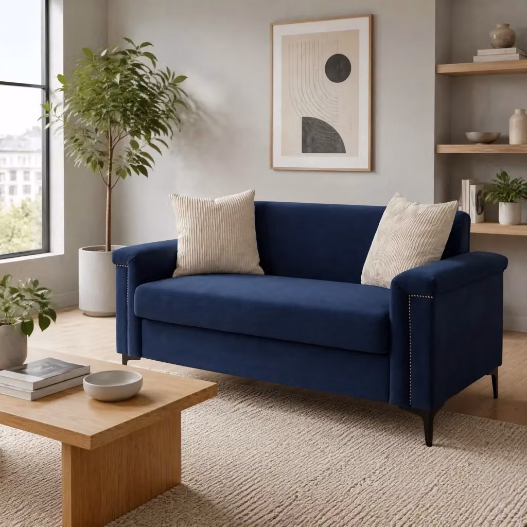 Divano a 2 posti Mivray moderno in tessuto blu e nero con struttura in legno e metallo per il tuo soggiorno L: 172 cm, P: 136 cm, H: 15 cm – 2
