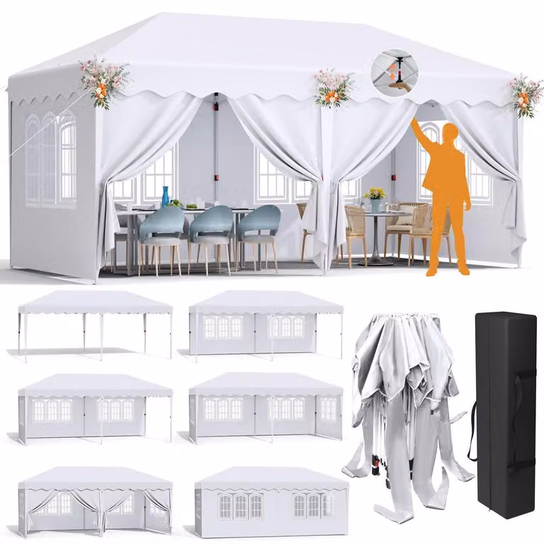 Gazebo da giardino pieghevole, impermeabile, dimensioni 3x6 metri, con 6 pannelli laterali, colore bianco