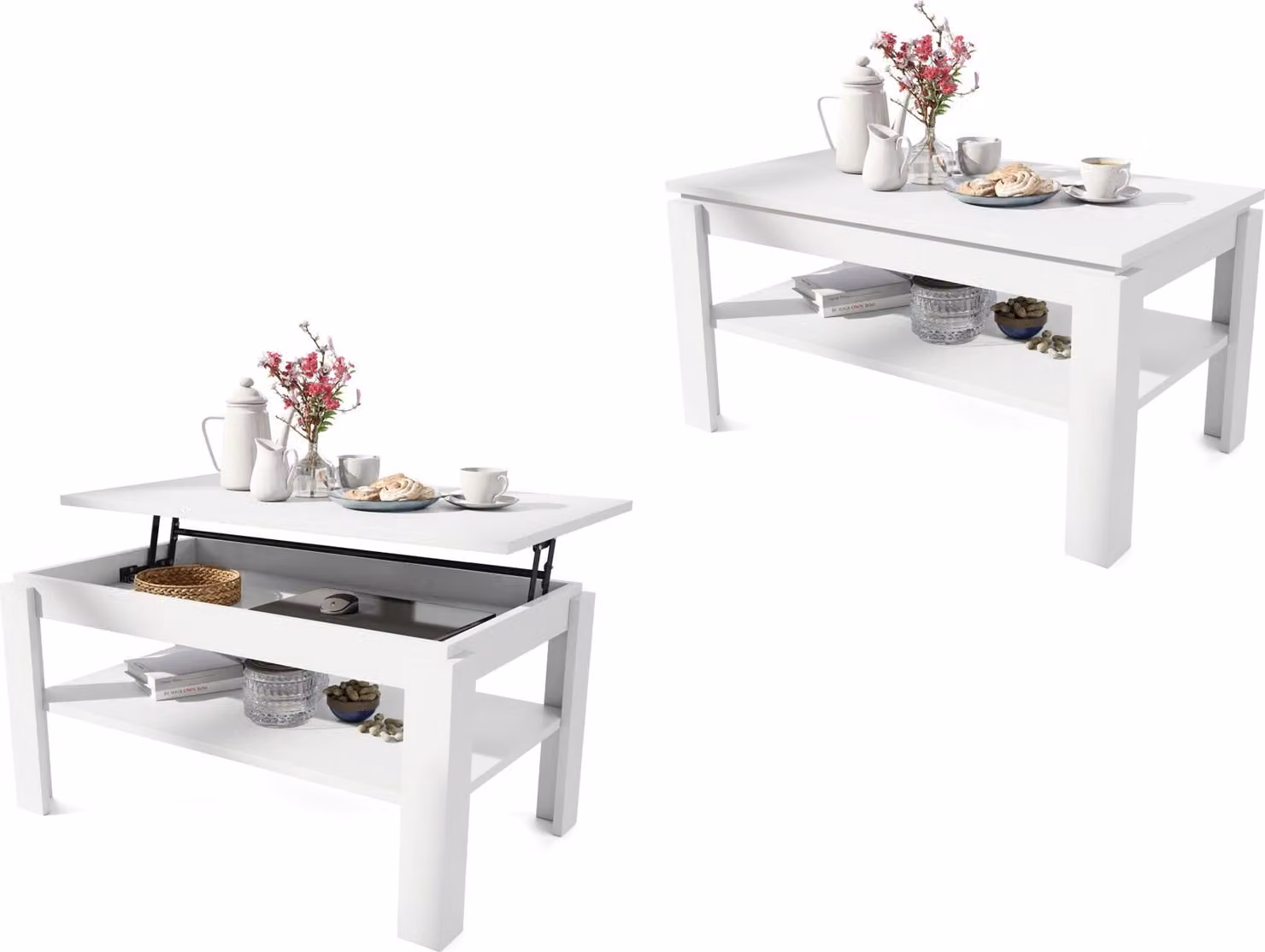 Tavolino All4All Asti, P, tavolino da salotto, tavolino da caffè, tavolino con vano portaoggetti, tavolino da divano con ripiano, regolabile in altezza, 100x60 cm, bianco