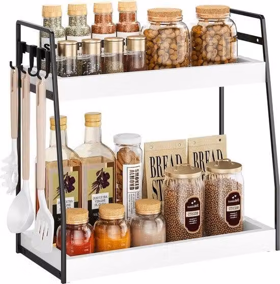 Ibenzoa® - Portaoggetti a 2 livelli in legno e metallo, con 4 ganci rimovibili, resistente all'acqua, con altezza regolabile da 21 a 26 cm, ideale per cucina, bagno e scrivania