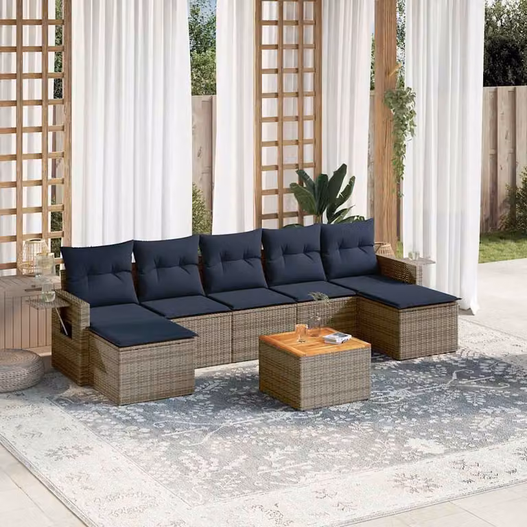 Set da giardino vidaXL in polyrattan grigio composto da 8 pezzi con cuscini e tavolino da esterno