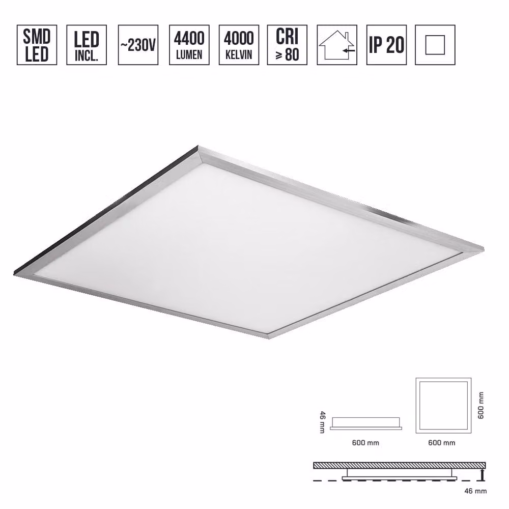 Plafoniera LED ALVARO 40W, 4000K, IP20, argento L: 600, L: 600, H: 46