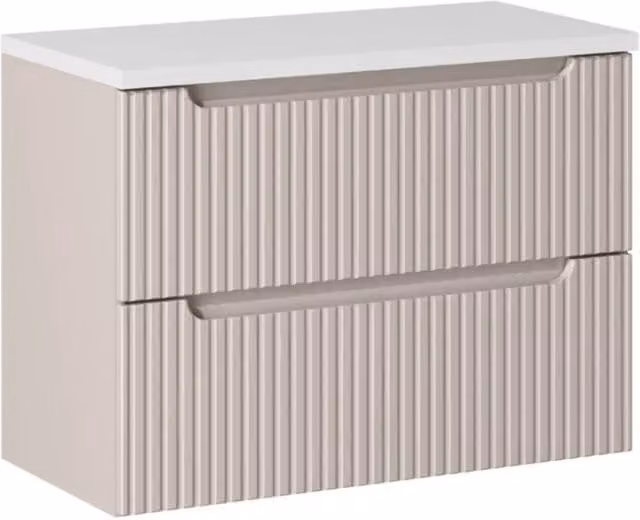 Insieme VANO cachemire e bianco 80cm: mobile sottolavabo con cassetti scanalati verticalmente + piano per lavabo bianco opaco