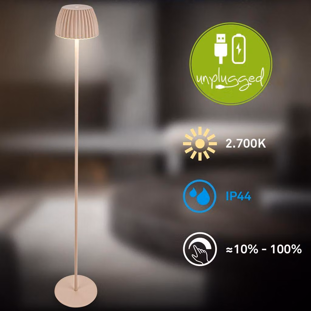 Briloner RIFFLE Lampada da terra senza fili IP44, dimmerabile, touch, batteria ricaricabile, vincitrice del German Design Award 2025, beige, Ø19 x 124 cm