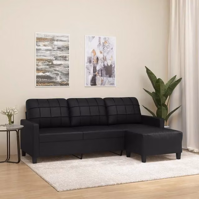 Divano a 3 posti moderno vidaXL in similpelle nero con poggiapiedi coordinato L: 198 cm, P: 80 cm, H: 77 cm – 1