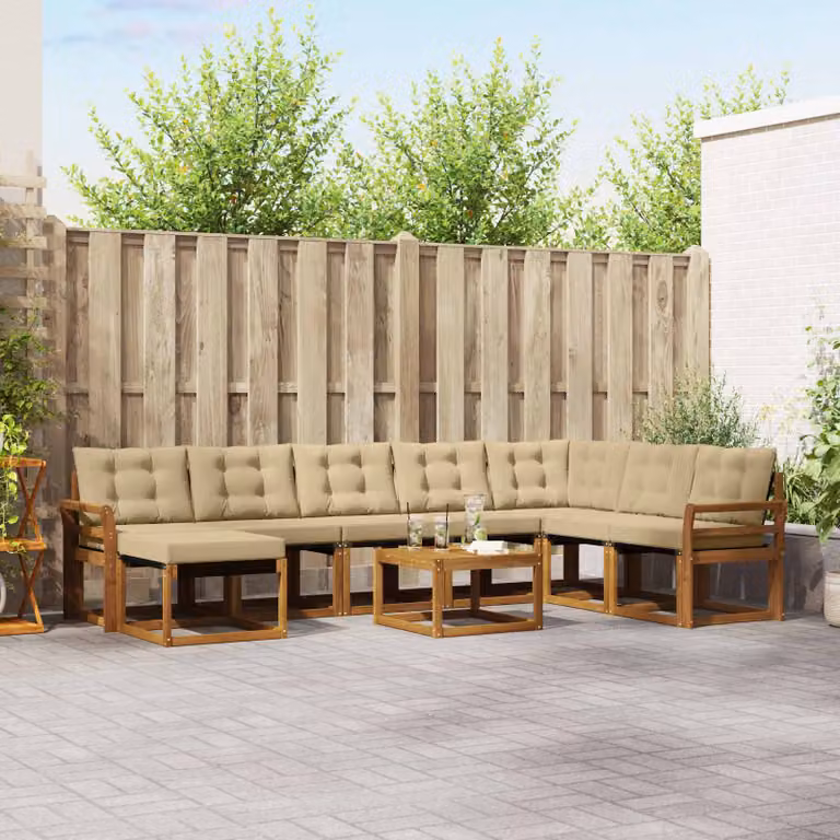 vidaXL Set di divani da esterno 9 pz in legno di acacia con cuscini beige e marrone