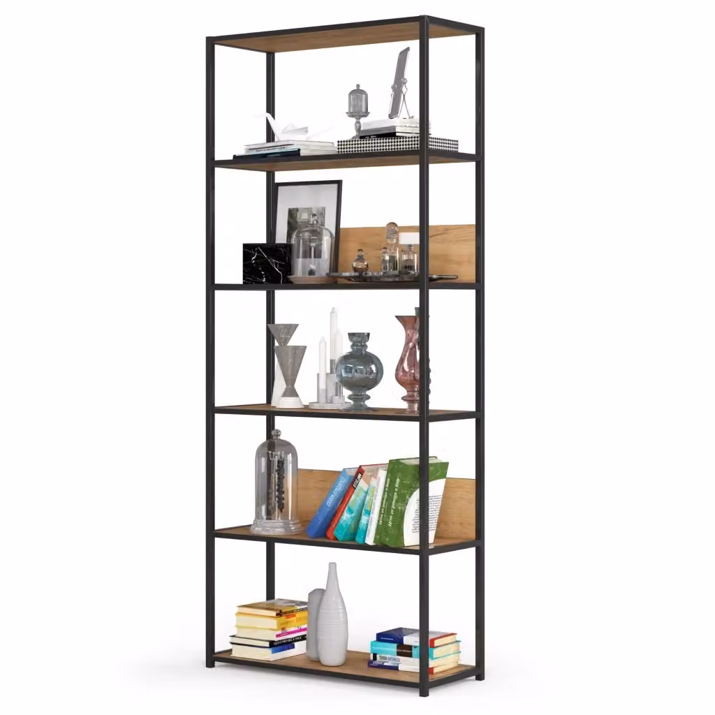 Scaffale in stile industriale Akord con ripiani in legno quercia e struttura nera L: 80 cm, P: 32 cm, H: 192 cm – 2