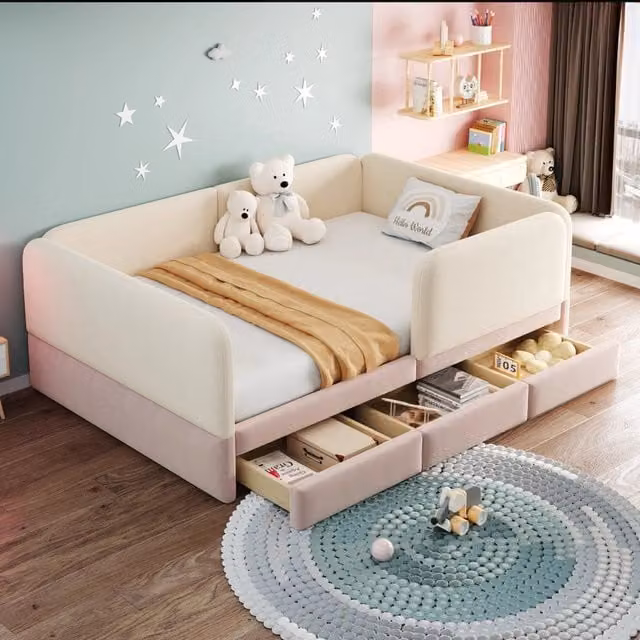 Letto imbottito per bambini 140x200 cm con sponde imbottite; cassetti contenitore e rivestimento in velluto rosa