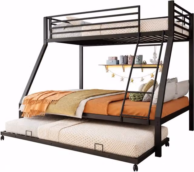 Letto a castello moderno in metallo nero con letto estraibile, scala e barriera, senza materasso, L/P/H: 204 x 90 x 145 cm