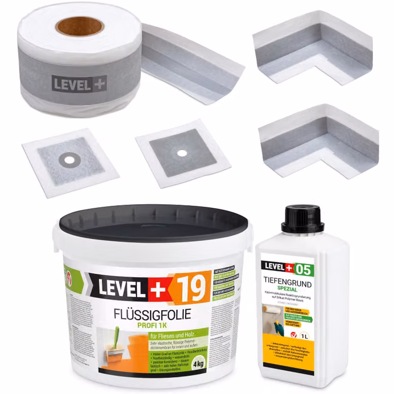 Kit di impermeabilizzazione: membrana liquida 4 kg, nastro 5 metri, primer 1 litro. Adatto per giunti, angoli, balconi e bagni. Modello: LEVEL+ SET509