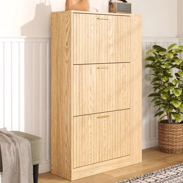 Scarpiera 70x23.5x115 cm a 3 ante con ripiani aperti in MDF naturale
