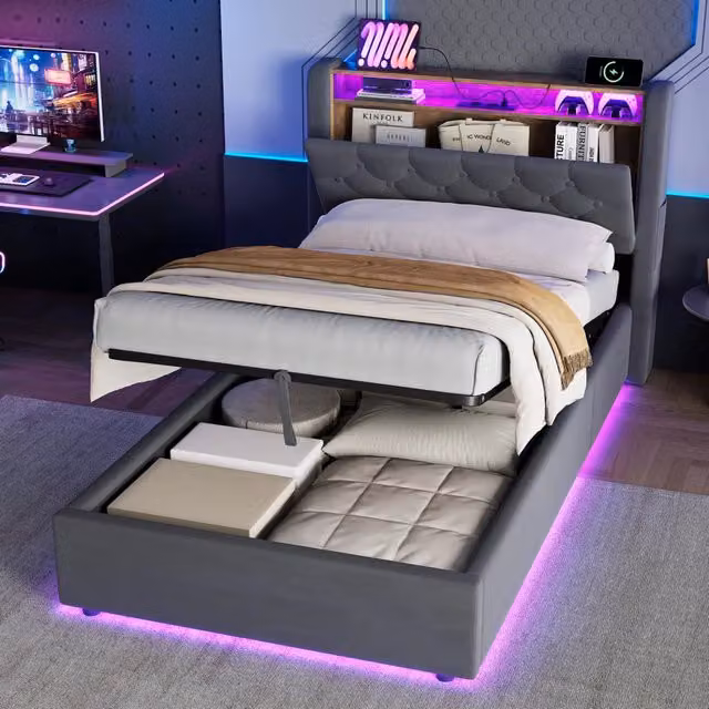 Letto contenitore singolo con mensola, USB, Type-C e LED 90 × 200 cm, senza materasso, grigio