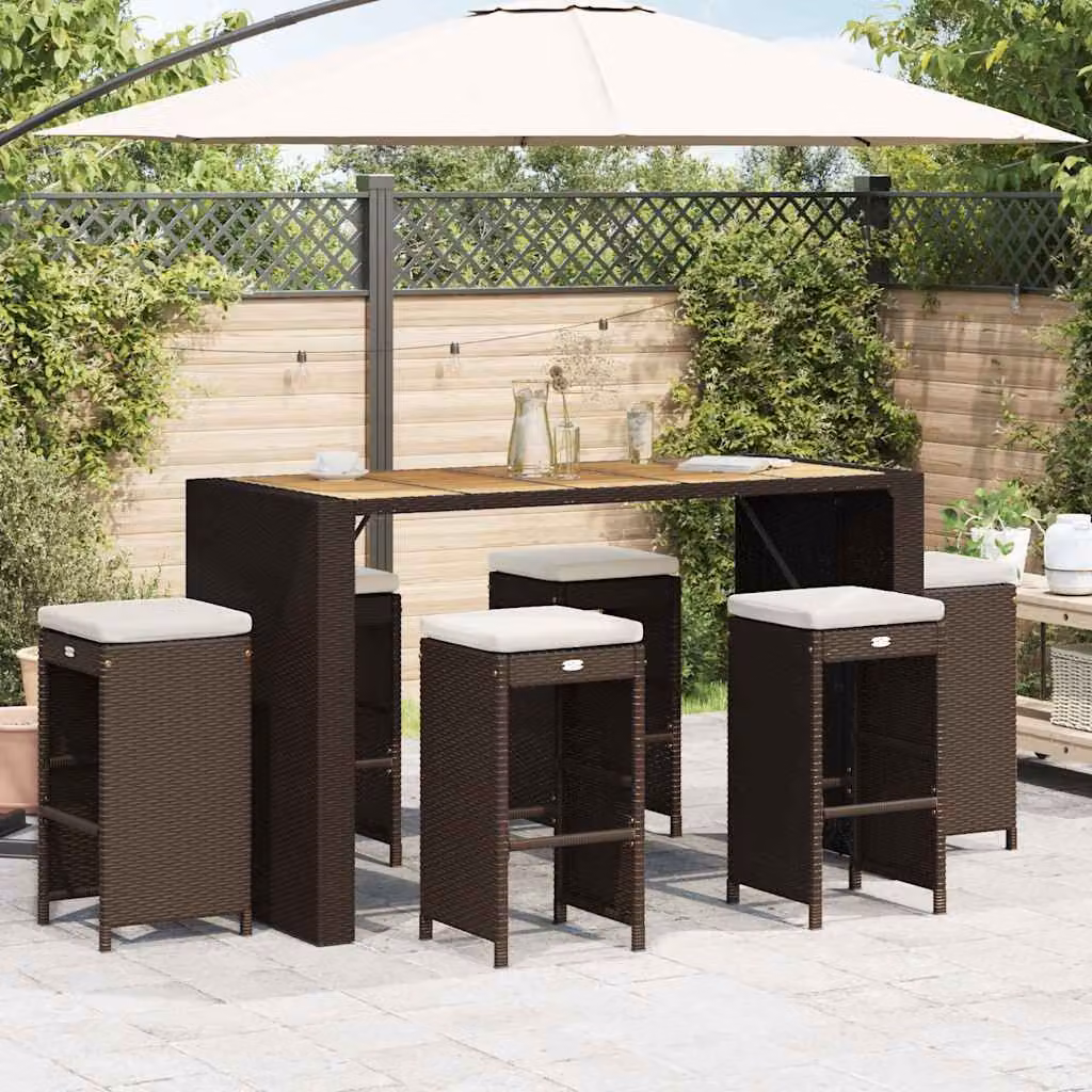 Set di 6 sgabelli da bar da giardino vidaXL in polyrattan marrone con cuscini bianchi