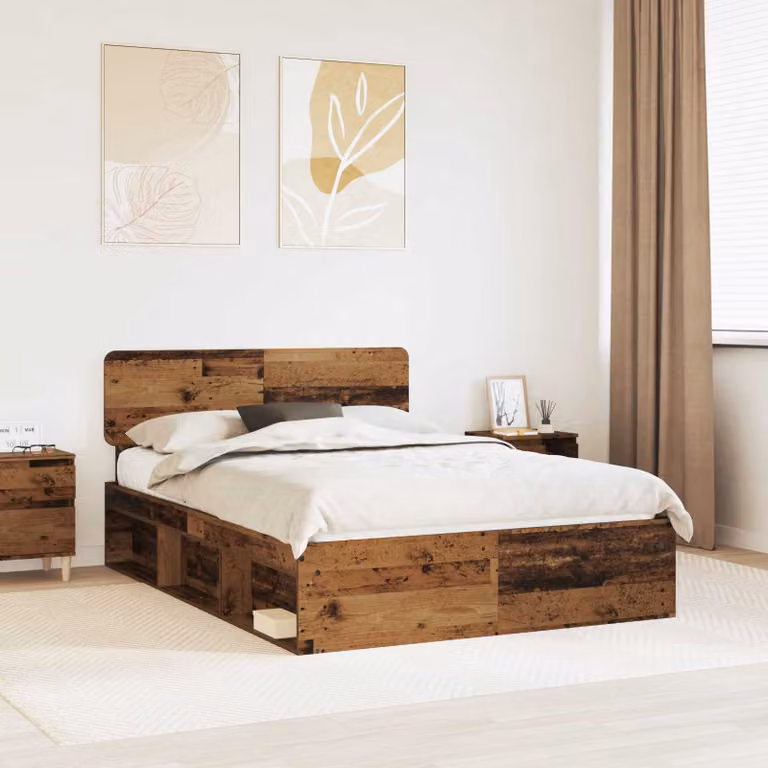 Struttura del letto moderna vidaXL in pino massello e legno vecchio, colore marrone, L/P/H: 190 x 140 x 90 cm
