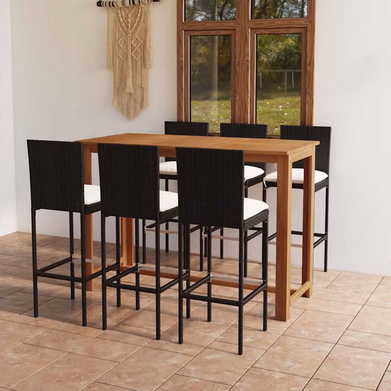 Set da bar da giardino vidaXL in polyrattan e legno di acacia con cuscini nero e beige, 7 pezzi