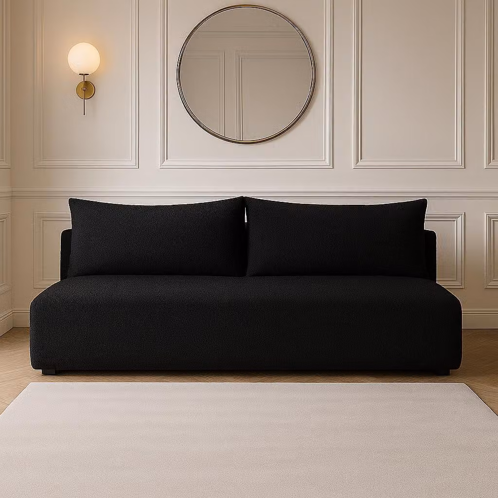 Sofello divano LUNO boucle con funzione letto nero - Divano moderno boucle per il vostro salotto, zona letto: 204×144 cm