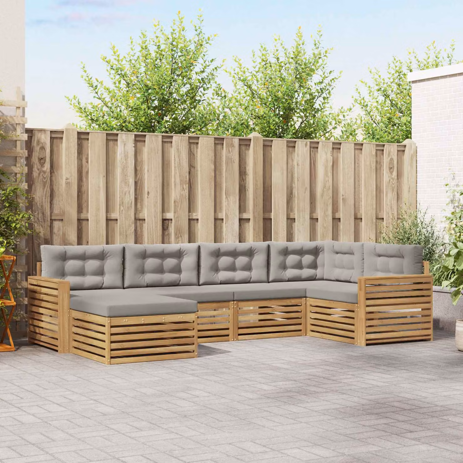 vidaXL Set di divani da esterno a L con pouf 6 pz in legno di acacia Bianco e Grigio