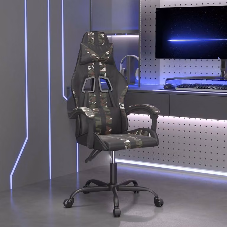 Sedia da Gaming Girevole vidaXL in Similpelle Nero e Verde Mimetico con Poggiatesta e Braccioli