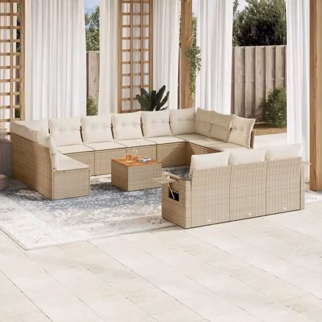 Set di Divani da Giardino a Forma di U vidaXL in Polyrattan Beige con Cuscini e Tavolino da Esterno – 1