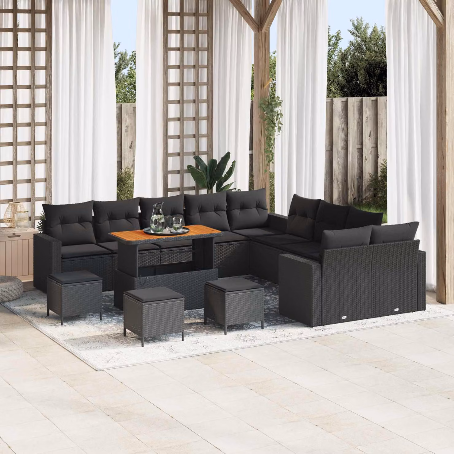 Set Divano da Giardino vidaXL a Forma di L con 18 Pezzi, Nero, con Cuscini e Tavolino, Struttura in Metallo e Polyrattan – 1