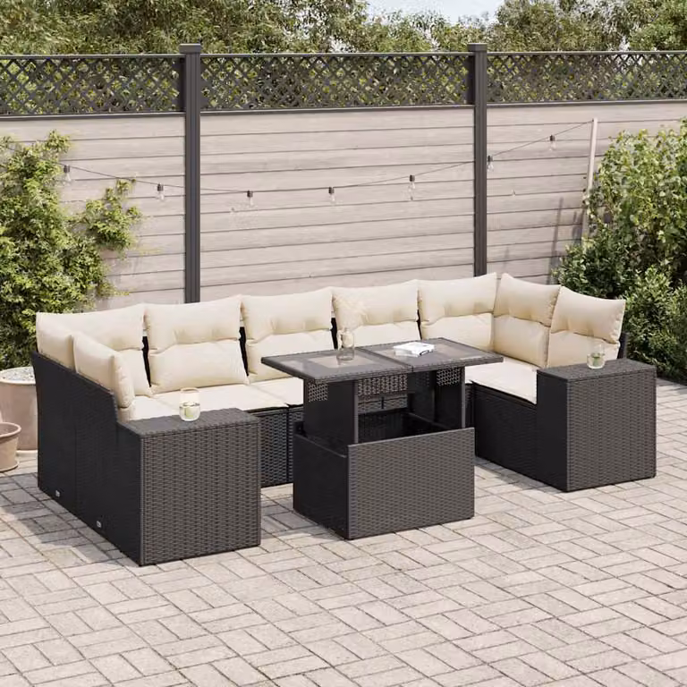 Set Divani da Giardino vidaXL in Polyrattan con Cuscini e Tavolino da Esterno, Design Moderno a L, Nero e Bianco