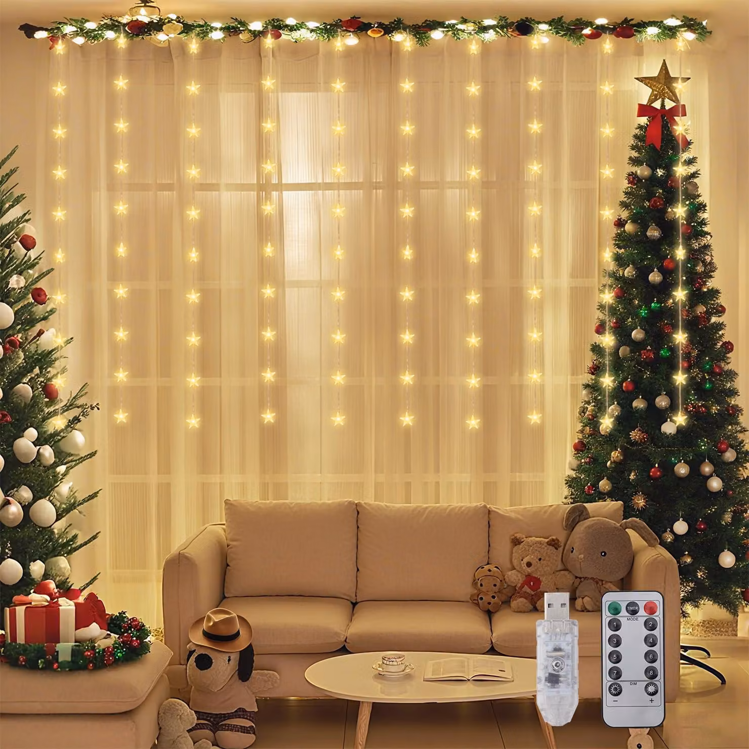 Tenda luminosa a forma di stella a LED, 2x1 metro, 50 LED bianco caldo, alimentazione USB, telecomando