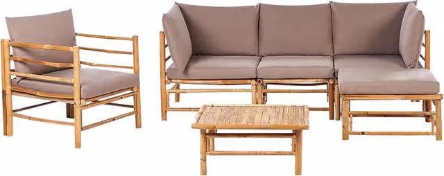 Set da giardino con divano angolare modulare con poltrona e tavolino in bambù cuscini naturali tortora 5 posti esterno elegante