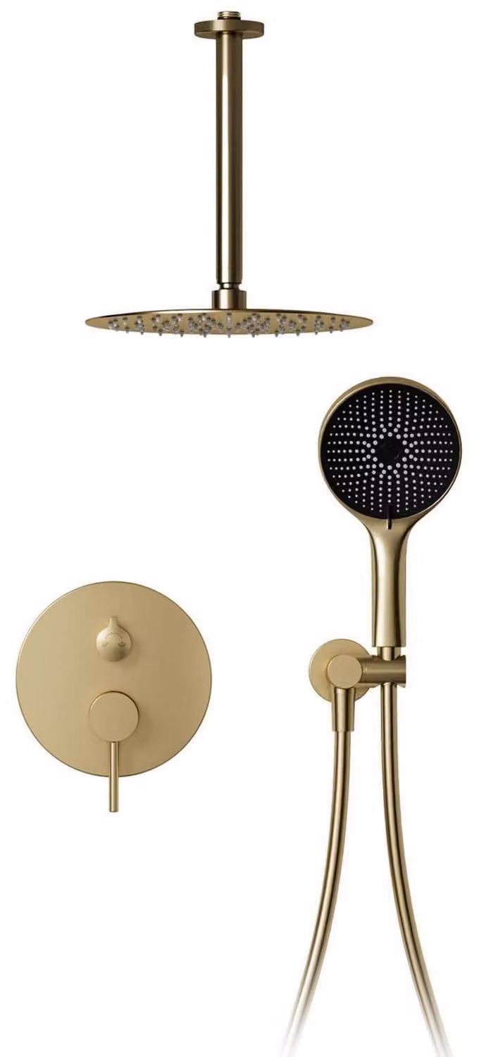 Sistema doccia da incasso, finitura oro spazzolato, diametro 30 cm, soffione in ottone/acciaio inossidabile