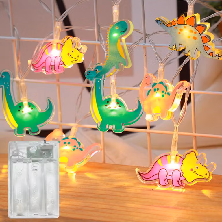 Catena luminosa a tema dinosauri, lunghezza 1,5 metri, 10 LED, con timer, alimentata a batteria, grado di protezione IP44
