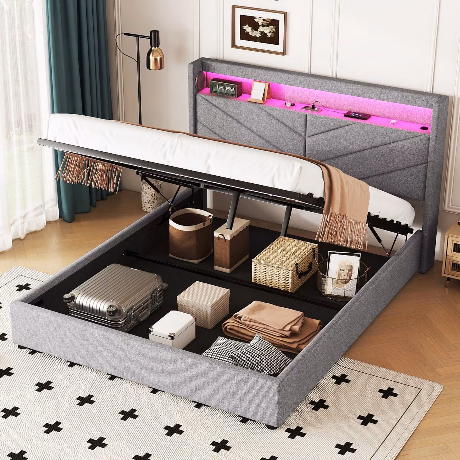 Letto imbottito AIORBER, 160 x 200 cm, illuminazione ambiente con LED, con USB, dispositivo di sollevamento idraulico, biancheria, design impianto stereo, grigio (senza materasso)
