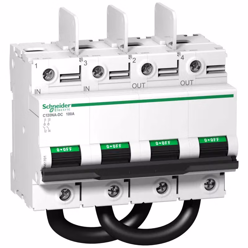 Sezionatore Schneider Electric C120NA-DC, 2 poli, 100 A, 1.000 V CC, collegamenti superiori A9N61701