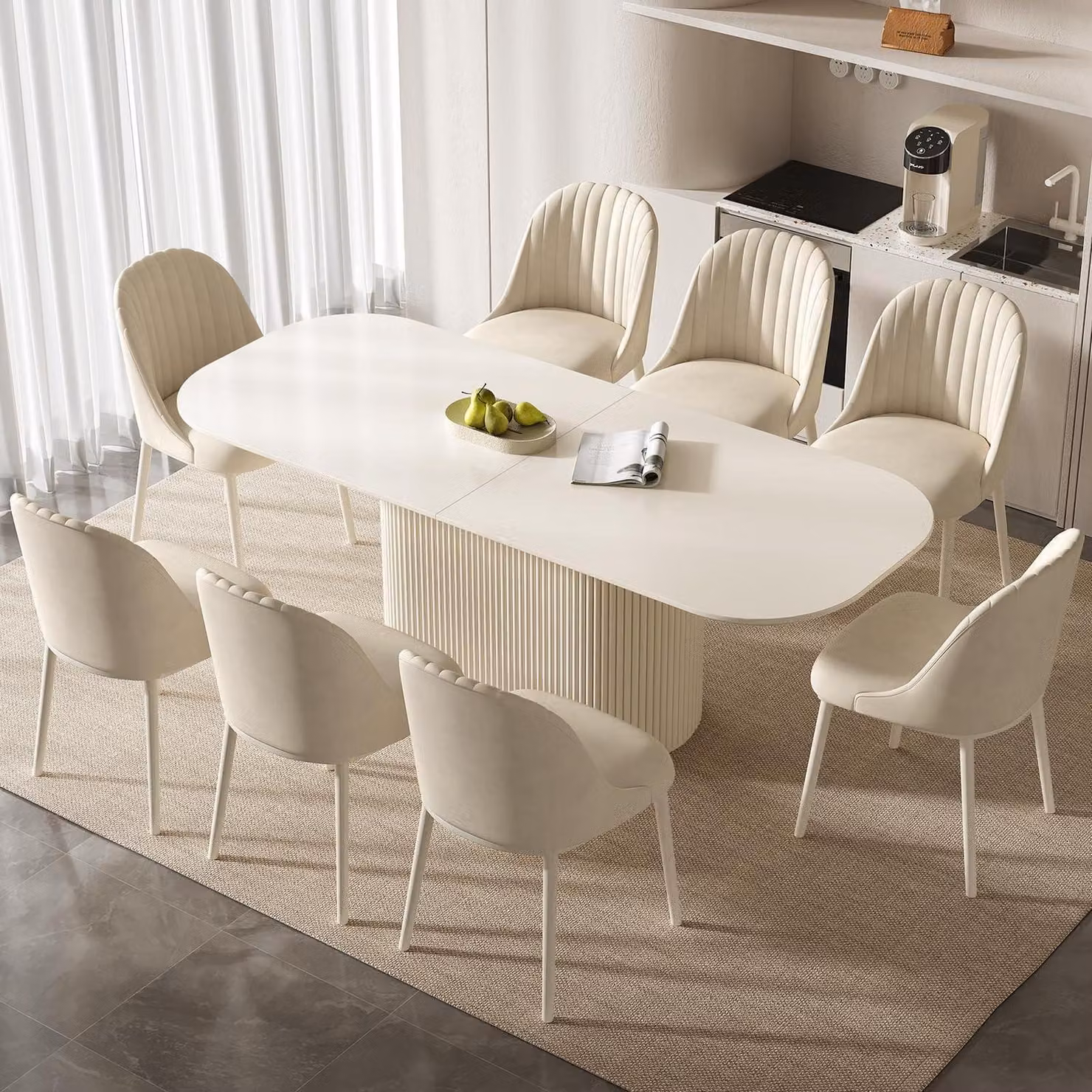 Set da pranzo con tavolo e 8 sedie, design scandinavo, colore bianco, lunghezza 220 cm