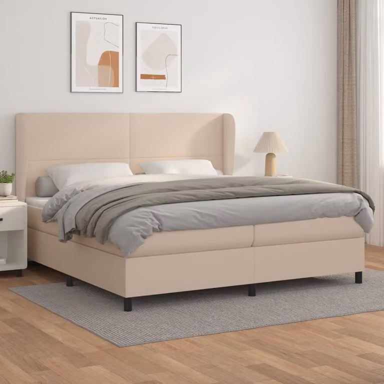 Letto con boxspring e materasso, colore cappuccino, dimensioni 200x200 cm, rivestito in ecopelle