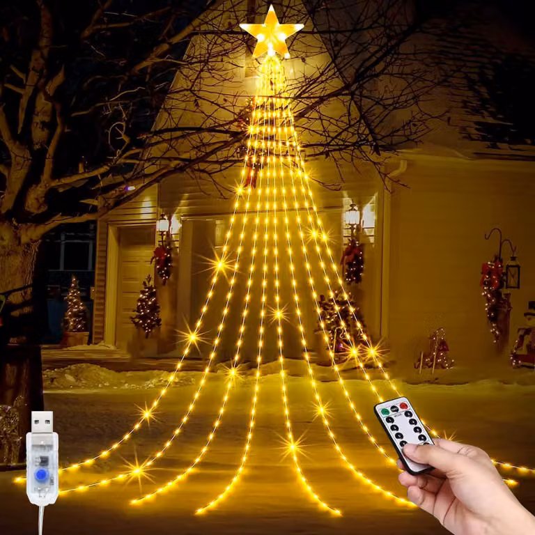 Catena luminosa a LED a forma di stella di Natale, 2,7x2,0 metri, alimentazione USB, 8 modalità, impermeabile