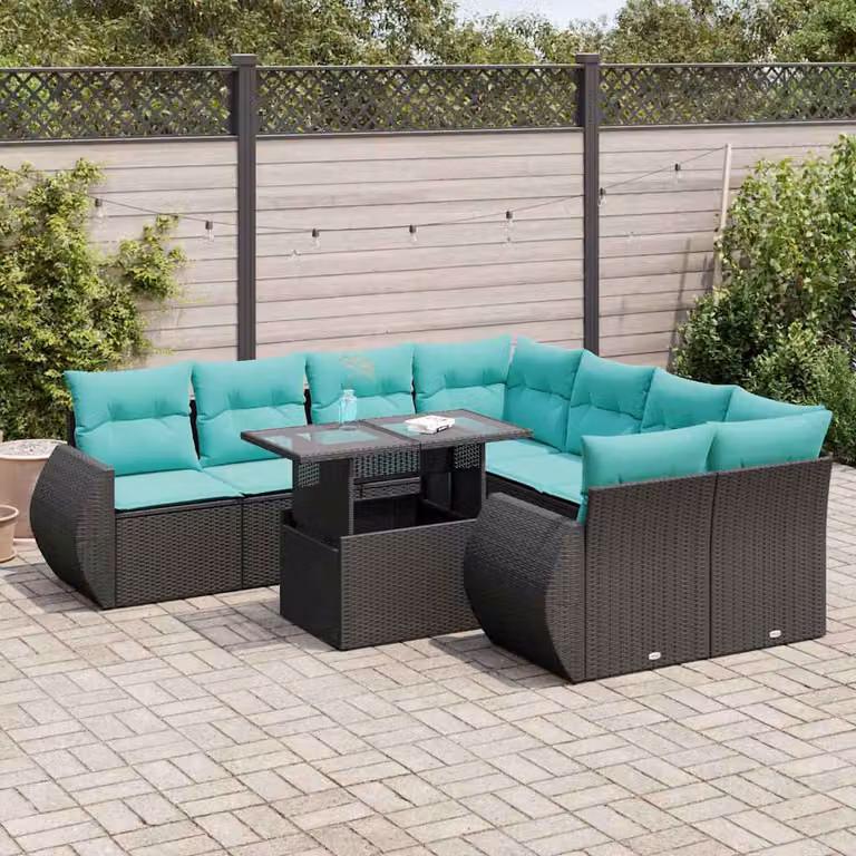 Set di divani da giardino vidaXL in polyrattan nero con cuscini e tavolino da esterno a forma di U