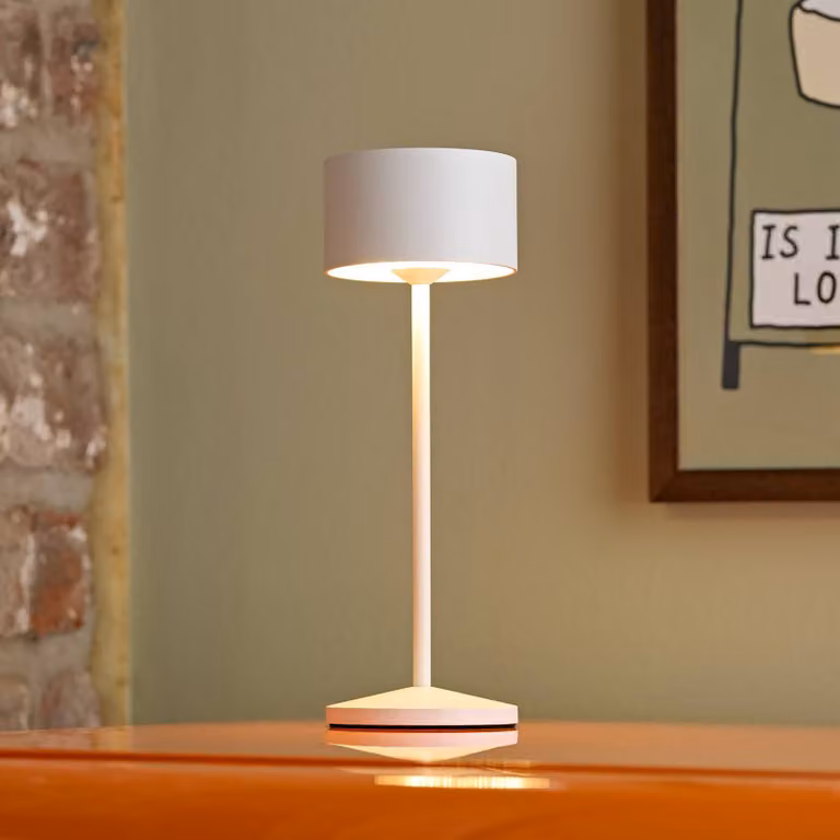 Sigor Lampada LED da tavolo a batteria Veluna, bianca, altezza 25 cm, IP44, dimmerabile, Bianco / Opale, Soggiorno / Sala da pranzo, Alluminio, Moderno