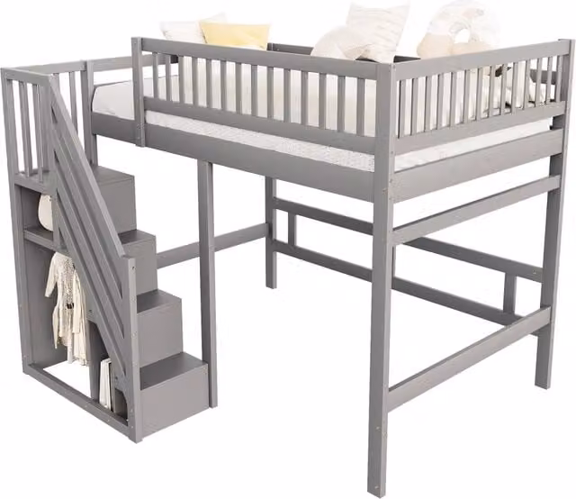 Letto singolo elevato REDOM in legno massello con scala contenitore e scomparti laterali, grigio, L/P/H: 200 x 140 x 173 cm