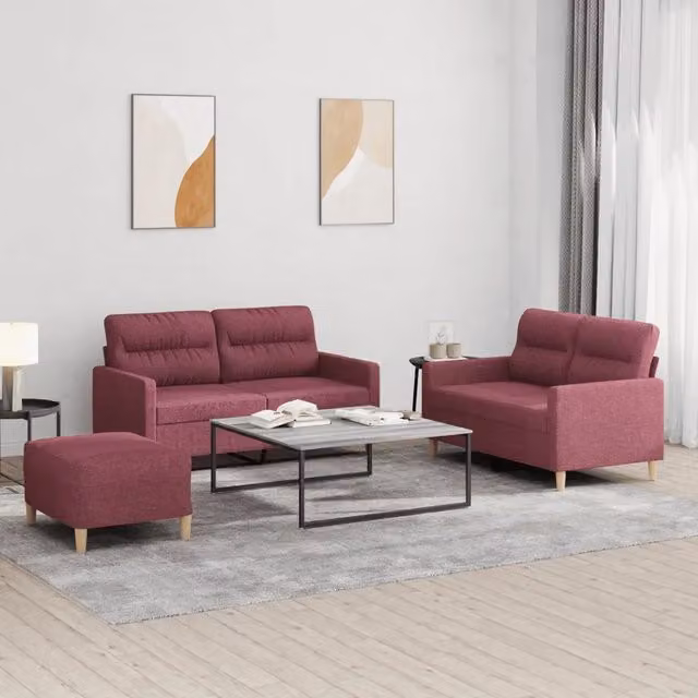 Set di Divani 3 pz con Cuscini Rosso Vino in Tessuto 3201582