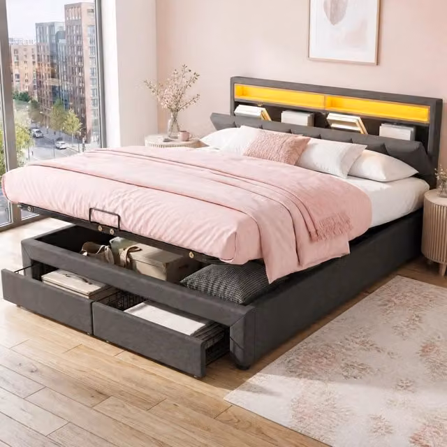 Desviae Letto contenitore 180 × 200 cm 2 posti con illuminazione LED, spazio sotto il letto, senza materasso, in lino grigio scuro