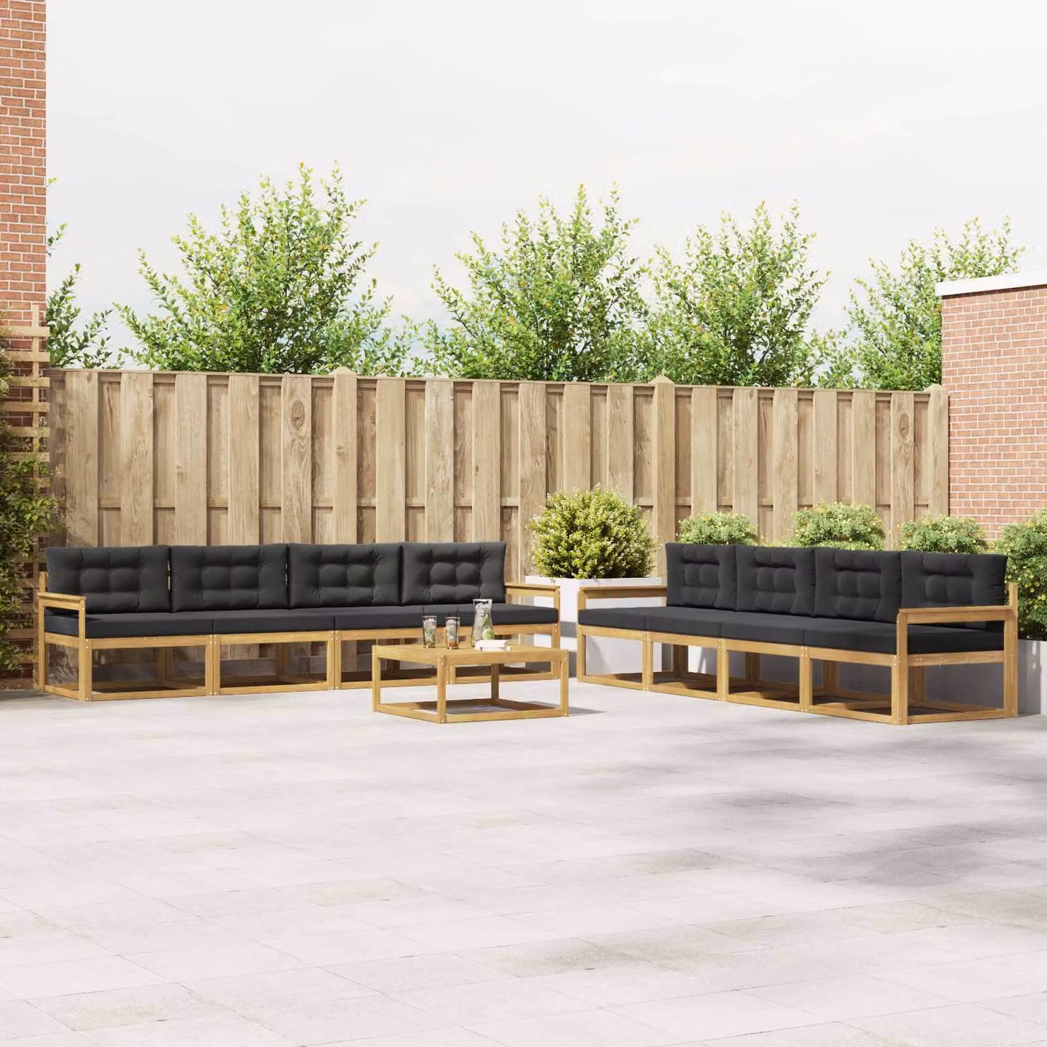 vidaXL Set di divani da esterno a forma di U composto da 9 pezzi con tavolino, in legno di acacia e tessuto bianco, antracite e marrone